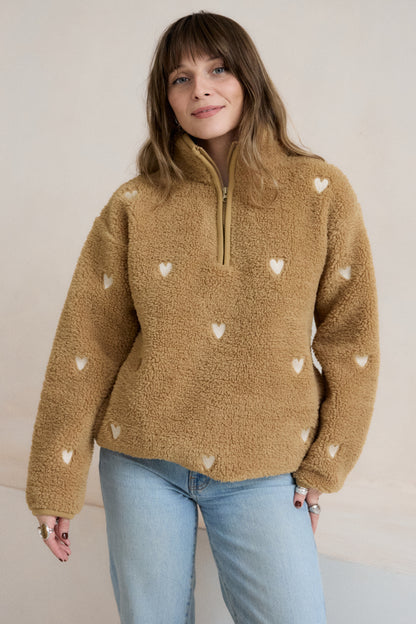 O&F Caramel Heart Embroidered Borg Fleece