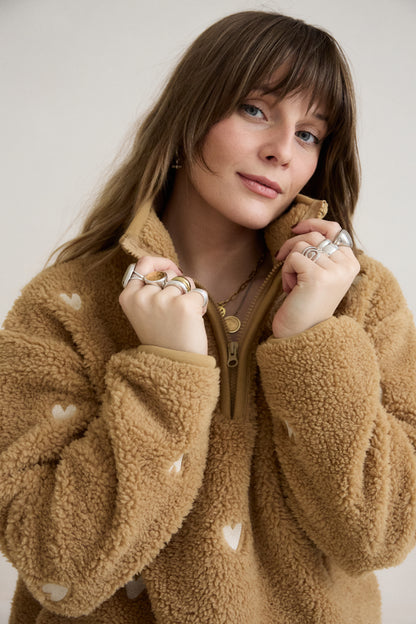 O&F Caramel Heart Embroidered Borg Fleece
