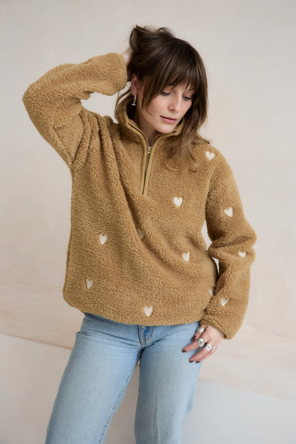 O&F Caramel Heart Embroidered Borg Fleece