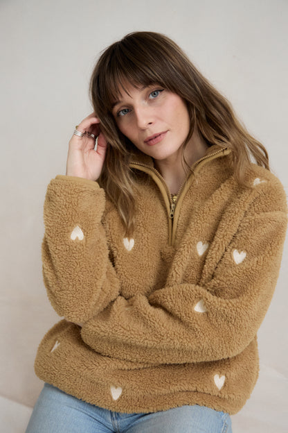 O&F Caramel Heart Embroidered Borg Fleece