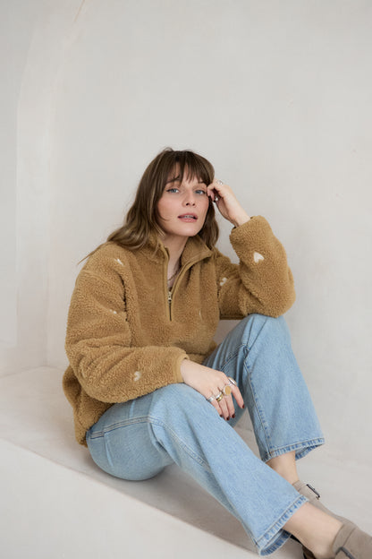 O&F Caramel Heart Embroidered Borg Fleece