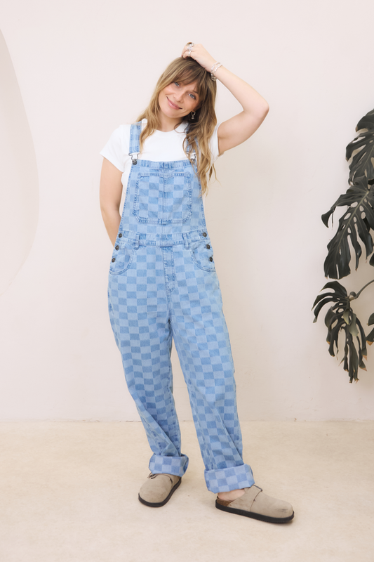 O&F Checkerboard Dungarees -Blue