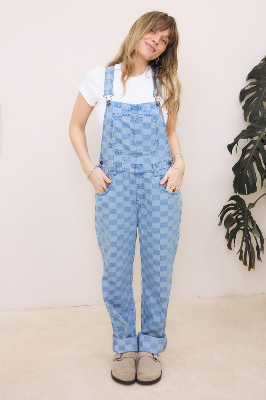 O&F Checkerboard Dungarees -Blue