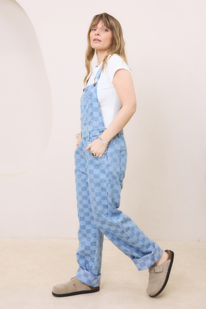 O&F Checkerboard Dungarees -Blue