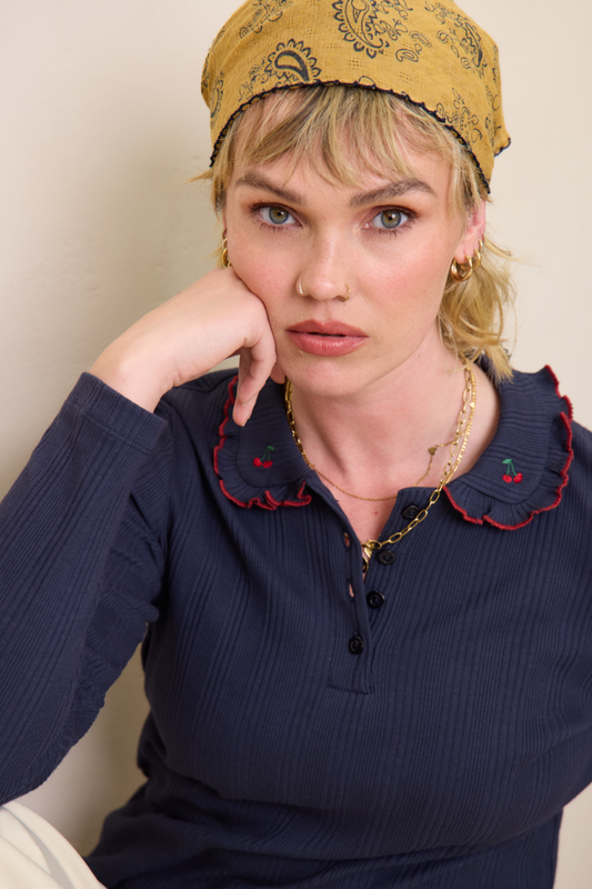 O&F Cherry Collar Long Sleeve Top