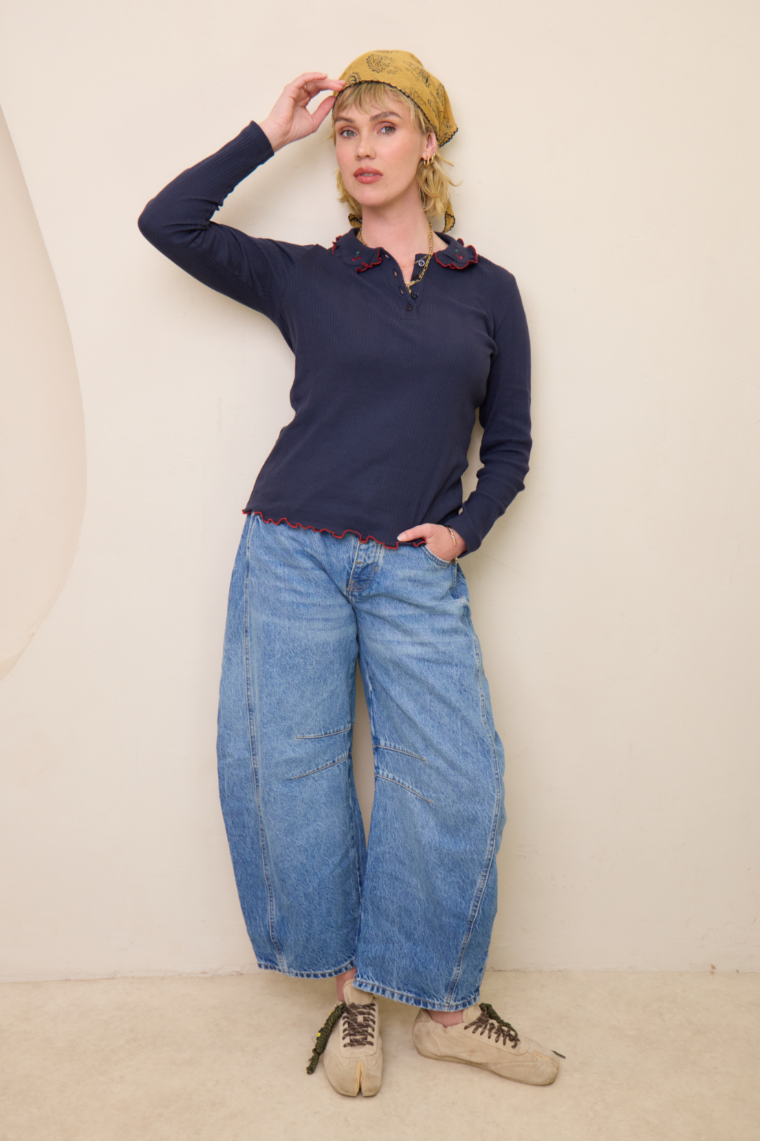 O&F Cherry Collar Long Sleeve Top