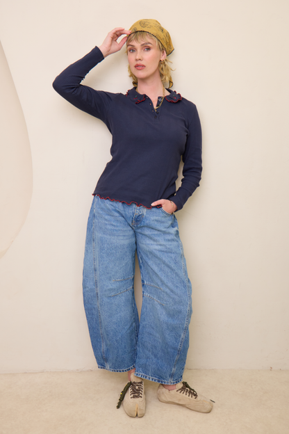 O&F Cherry Collar Long Sleeve Top