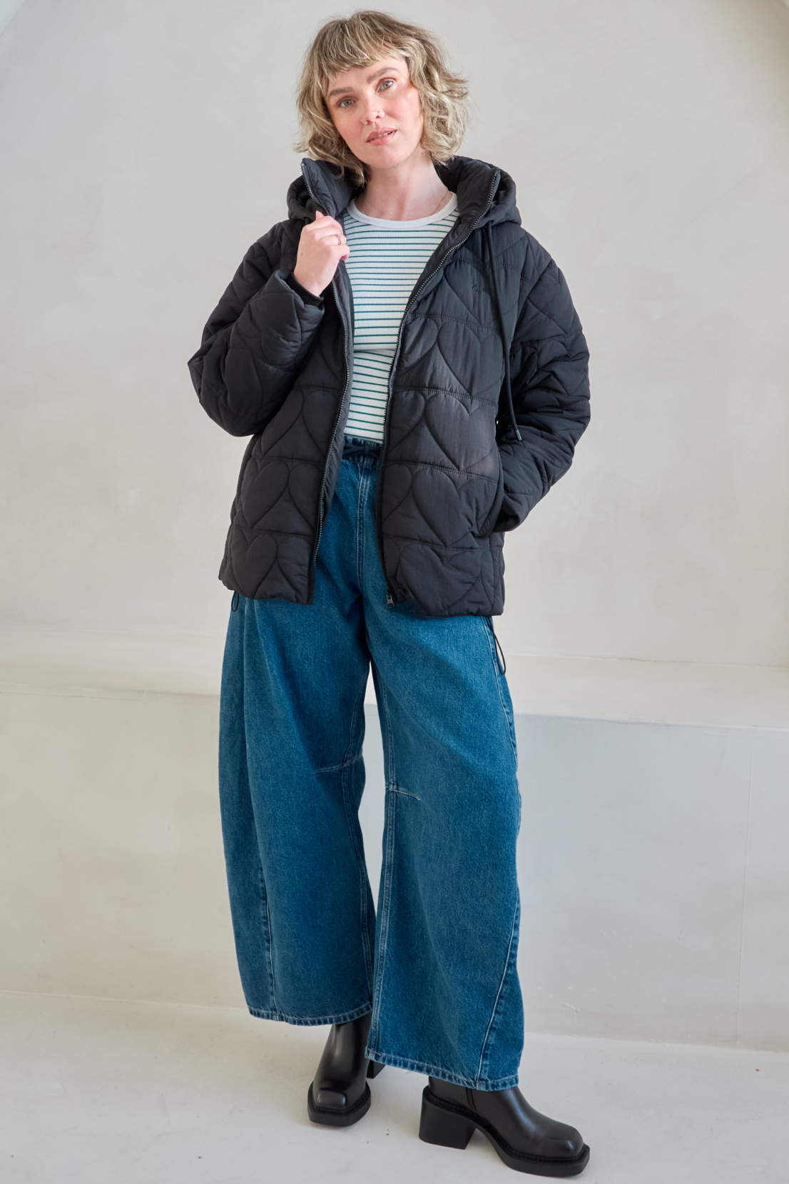 O&F Heart Quilted Coat - Black