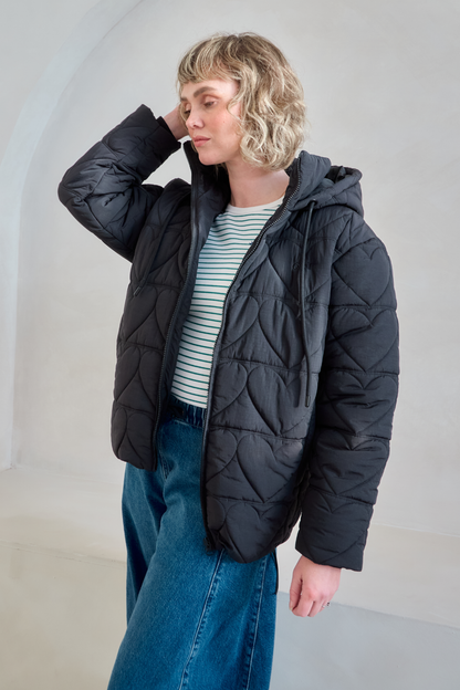 O&F Heart Quilted Coat - Black