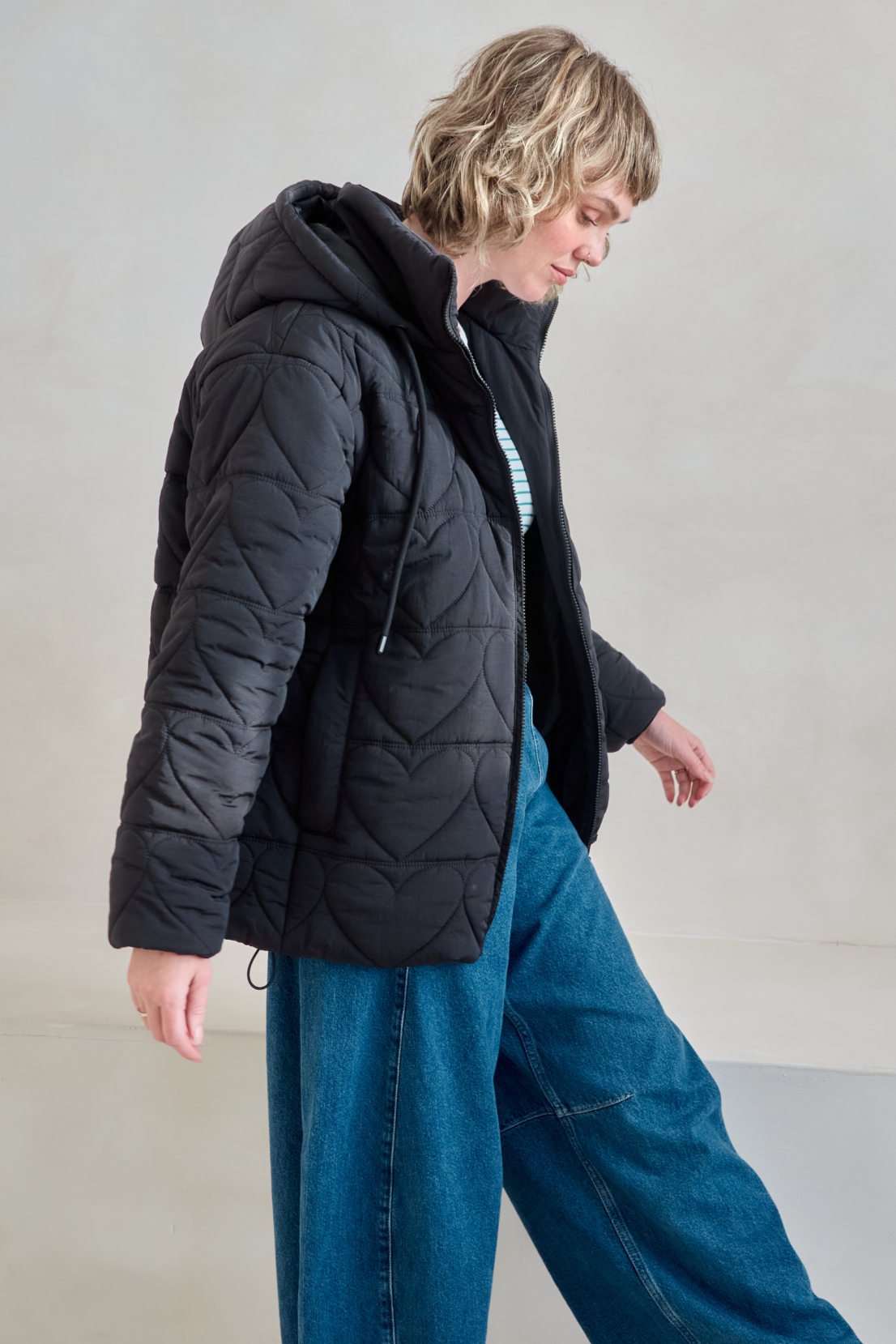 O&F Heart Quilted Coat - Black