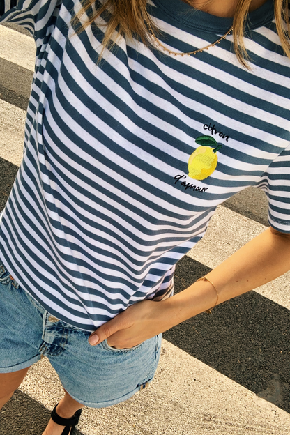 O&F Lemon Embroidered Short Sleeve Breton Tee