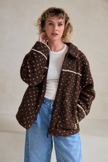 O&F Cleo Polka Dot Blanket Stitch Fleece Jacket