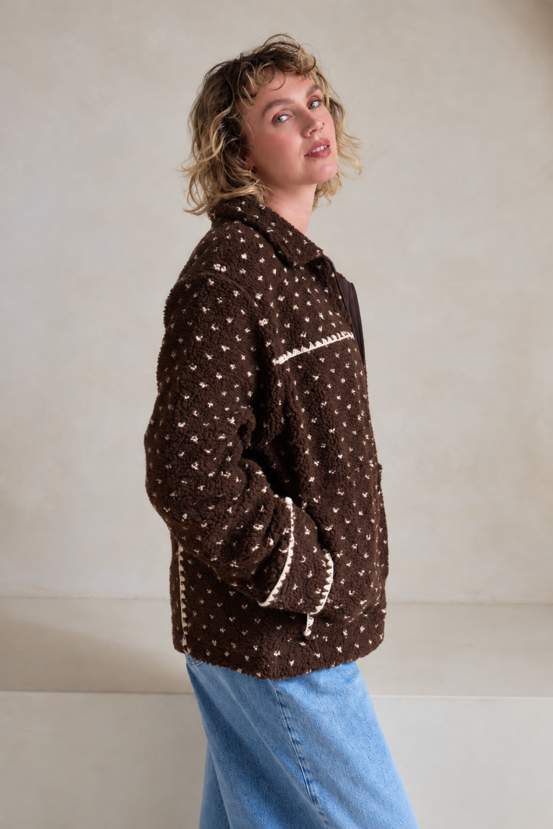 O&F Cleo Polka Dot Blanket Stitch Fleece Jacket