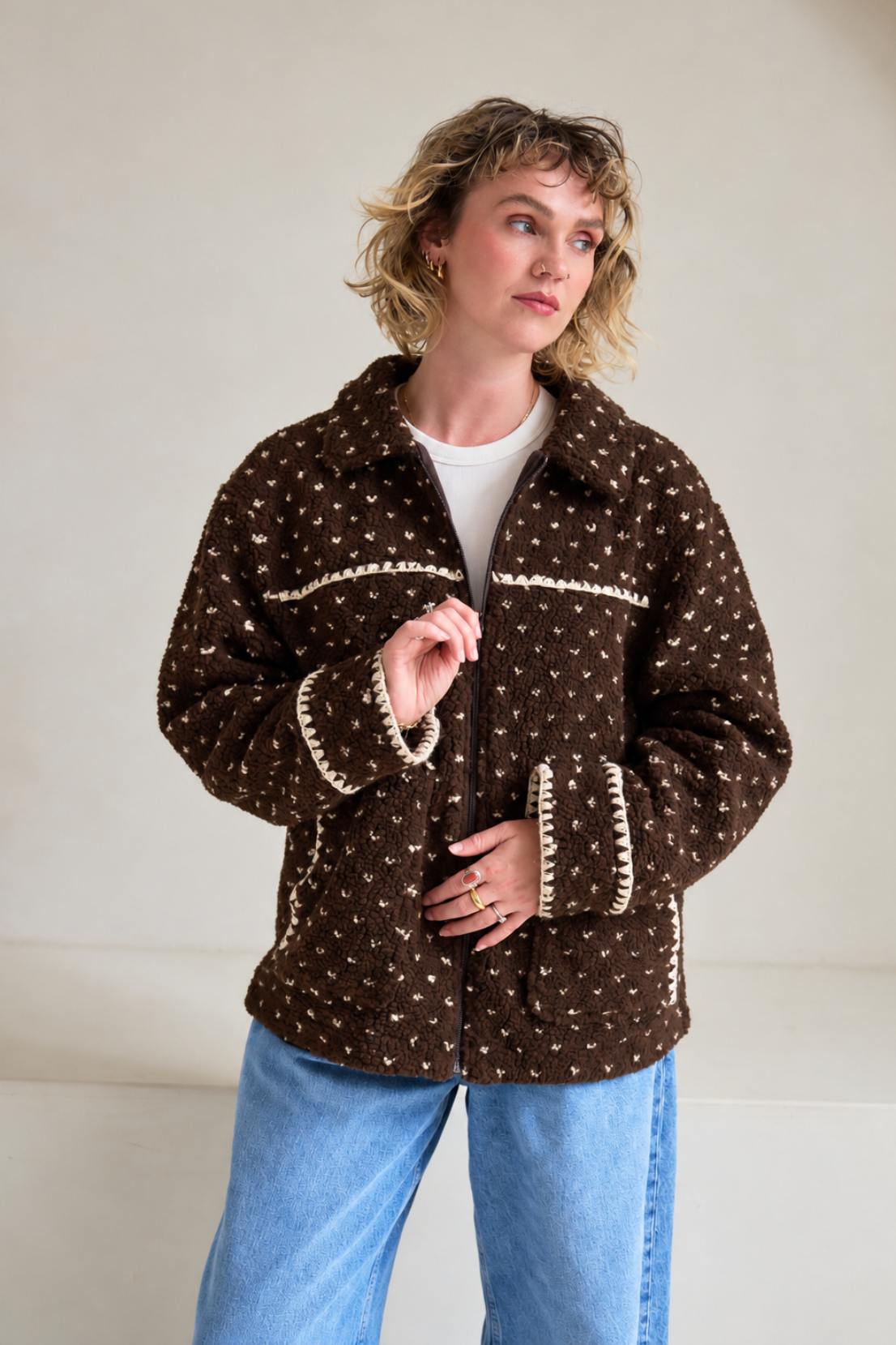 O&F Cleo Polka Dot Blanket Stitch Fleece Jacket