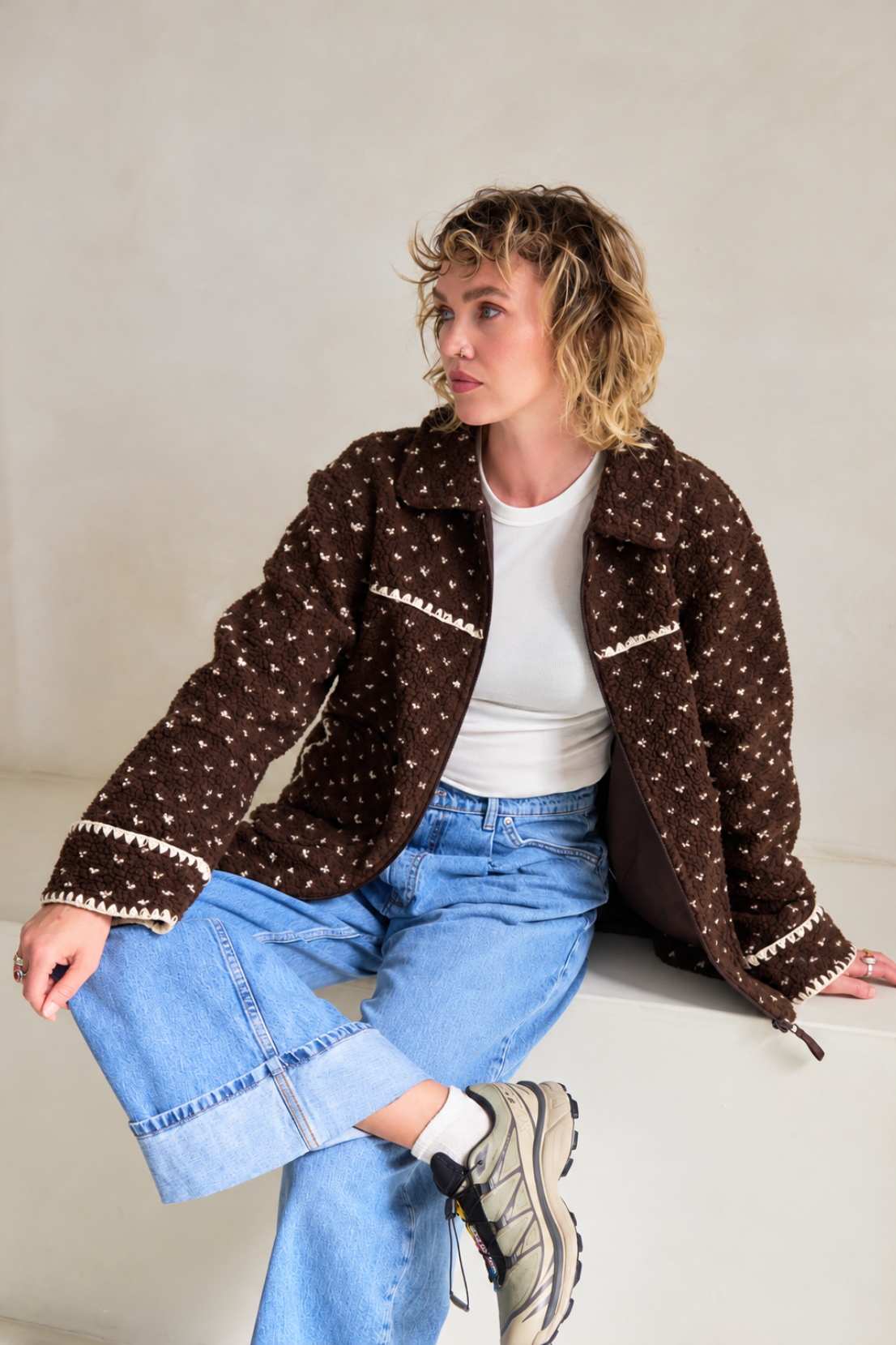 O&F Cleo Polka Dot Blanket Stitch Fleece Jacket