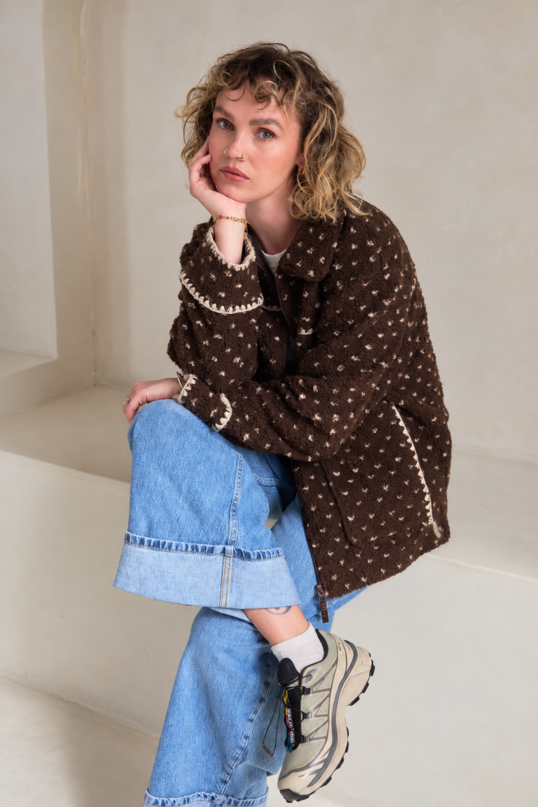 O&F Cleo Polka Dot Blanket Stitch Fleece Jacket