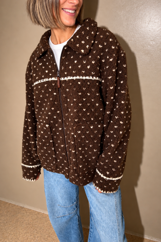 O&F Cleo Polka Dot Blanket Stitch Fleece Jacket