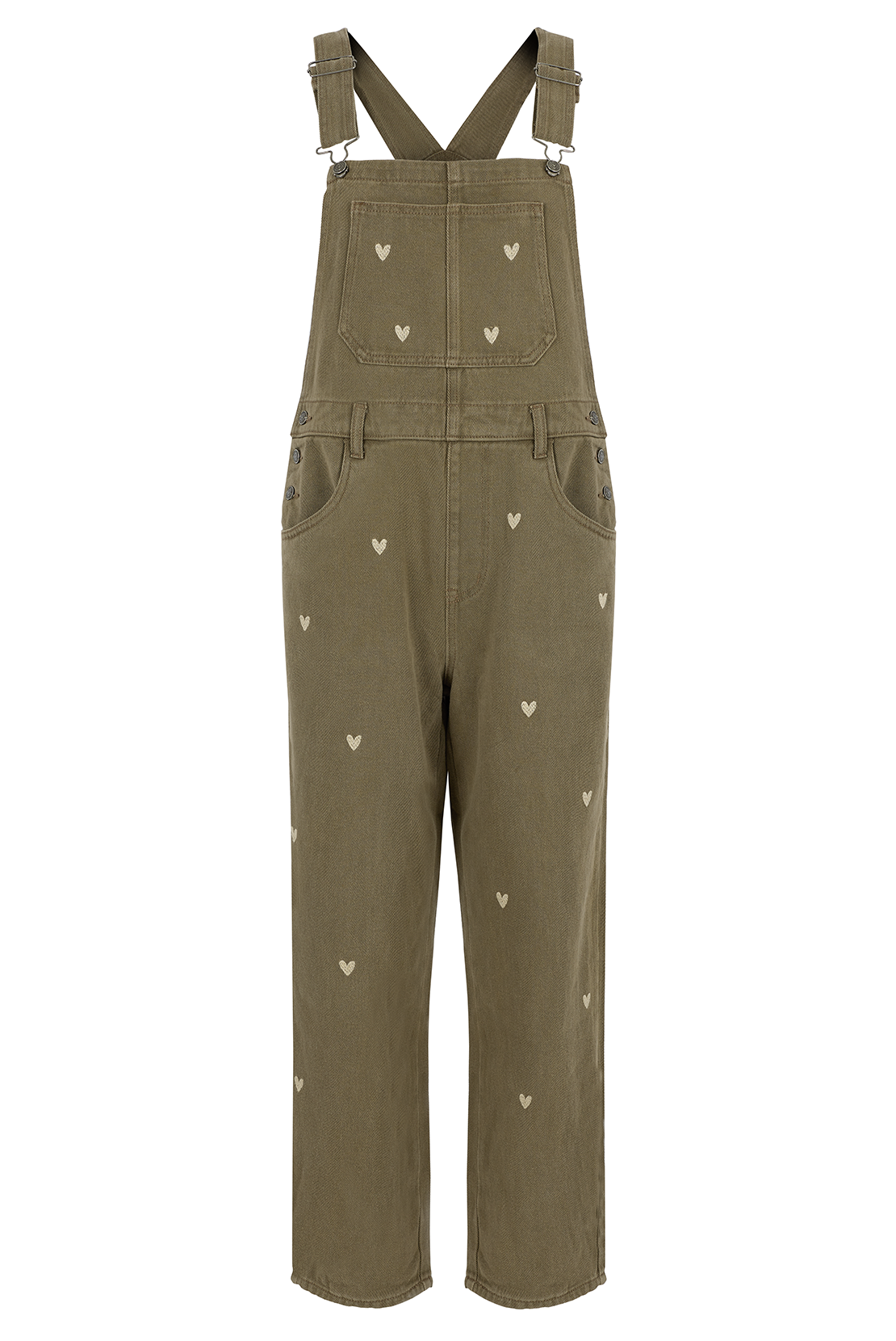 O&F Heart Embroidered Dungarees - Khaki