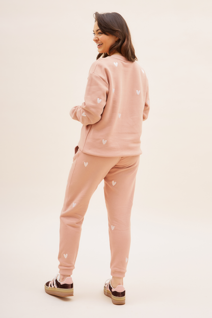 O&F Heart Embroidered Joggers -  Dusty Pink