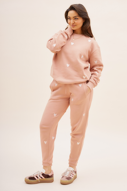 O&F Heart Embroidered Joggers -  Dusty Pink