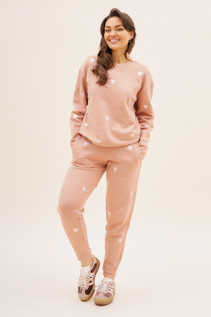 O&F Heart Embroidered Joggers -  Dusty Pink