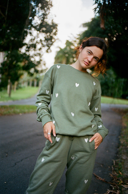 O&F Heart Embroidered Sweatshirt - Olive