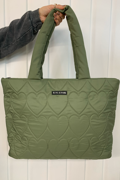 Quilted Heart Tote Bag - Olive Green