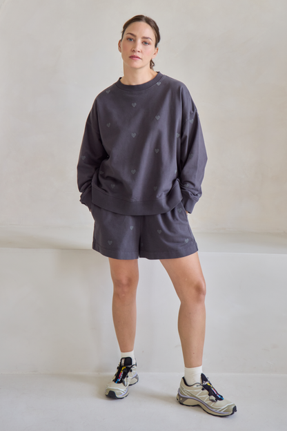 O&F Heart Embroidered Shorts - Washed Grey