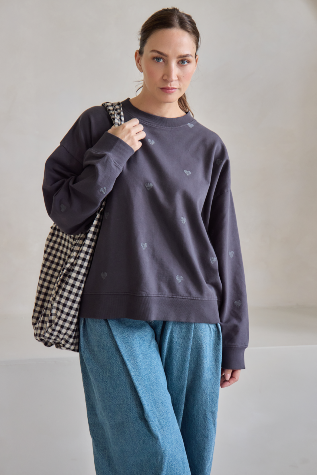 O&F Heart Embroidered Oversized Sweatshirt - Washed Grey