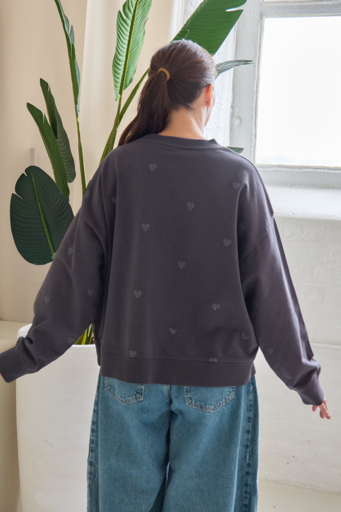 O&F Heart Embroidered Oversized Sweatshirt - Washed Grey