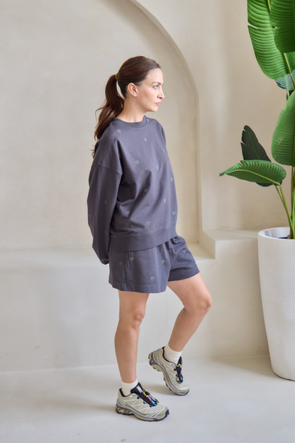 O&F Heart Embroidered Shorts - Washed Grey