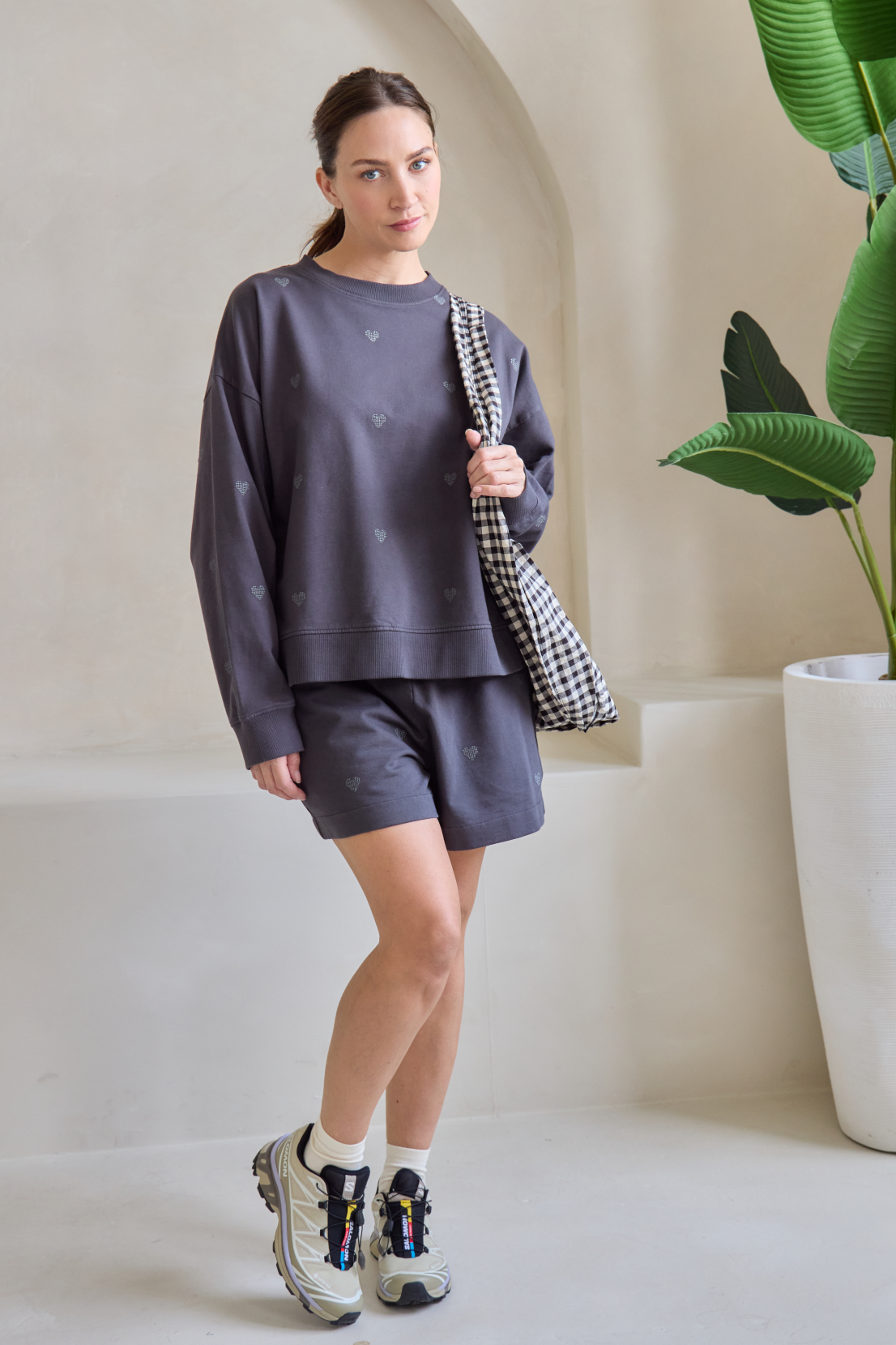 O&F Heart Embroidered Shorts - Washed Grey