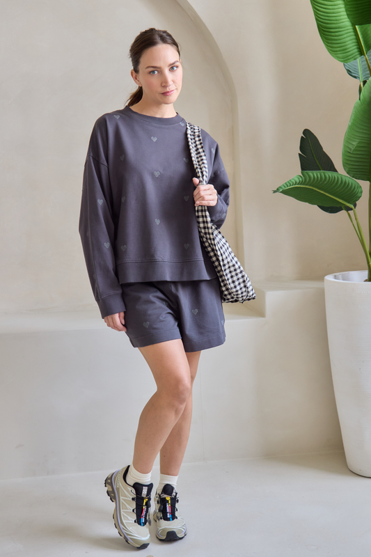 O&F Heart Embroidered Shorts - Washed Grey