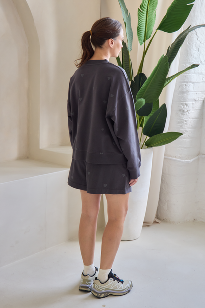 O&F Heart Embroidered Oversized Sweatshirt - Washed Grey