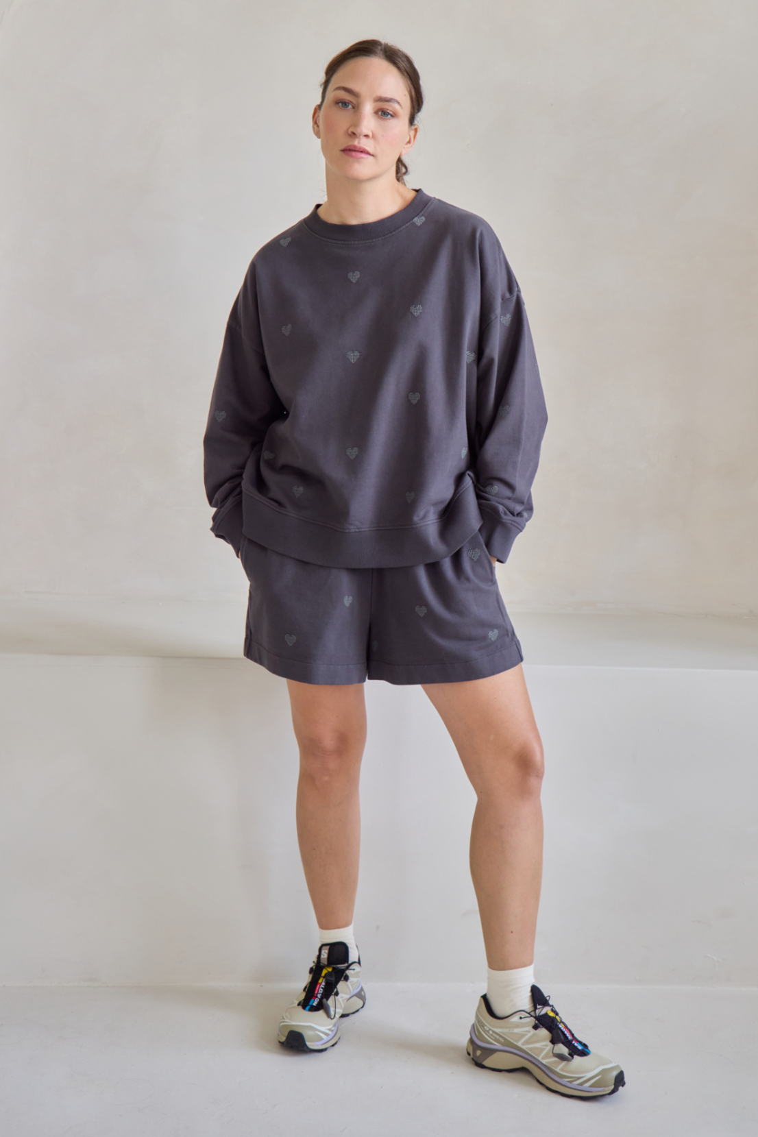 O&F Heart Embroidered Oversized Sweatshirt - Washed Grey