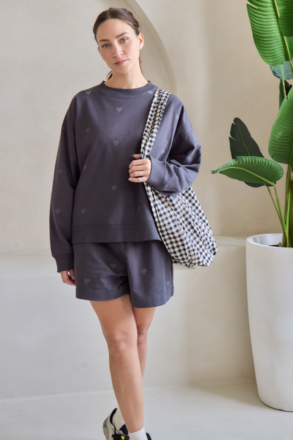 O&F Heart Embroidered Oversized Sweatshirt - Washed Grey