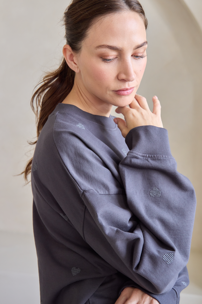 O&F Heart Embroidered Oversized Sweatshirt - Washed Grey