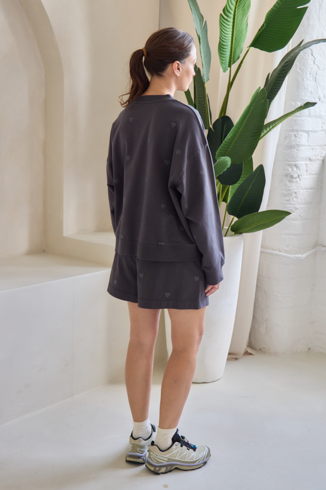 O&F Heart Embroidered Shorts - Washed Grey