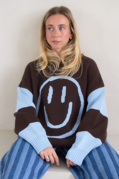 O&F Happy Face Jumper - Chocolate/Blue