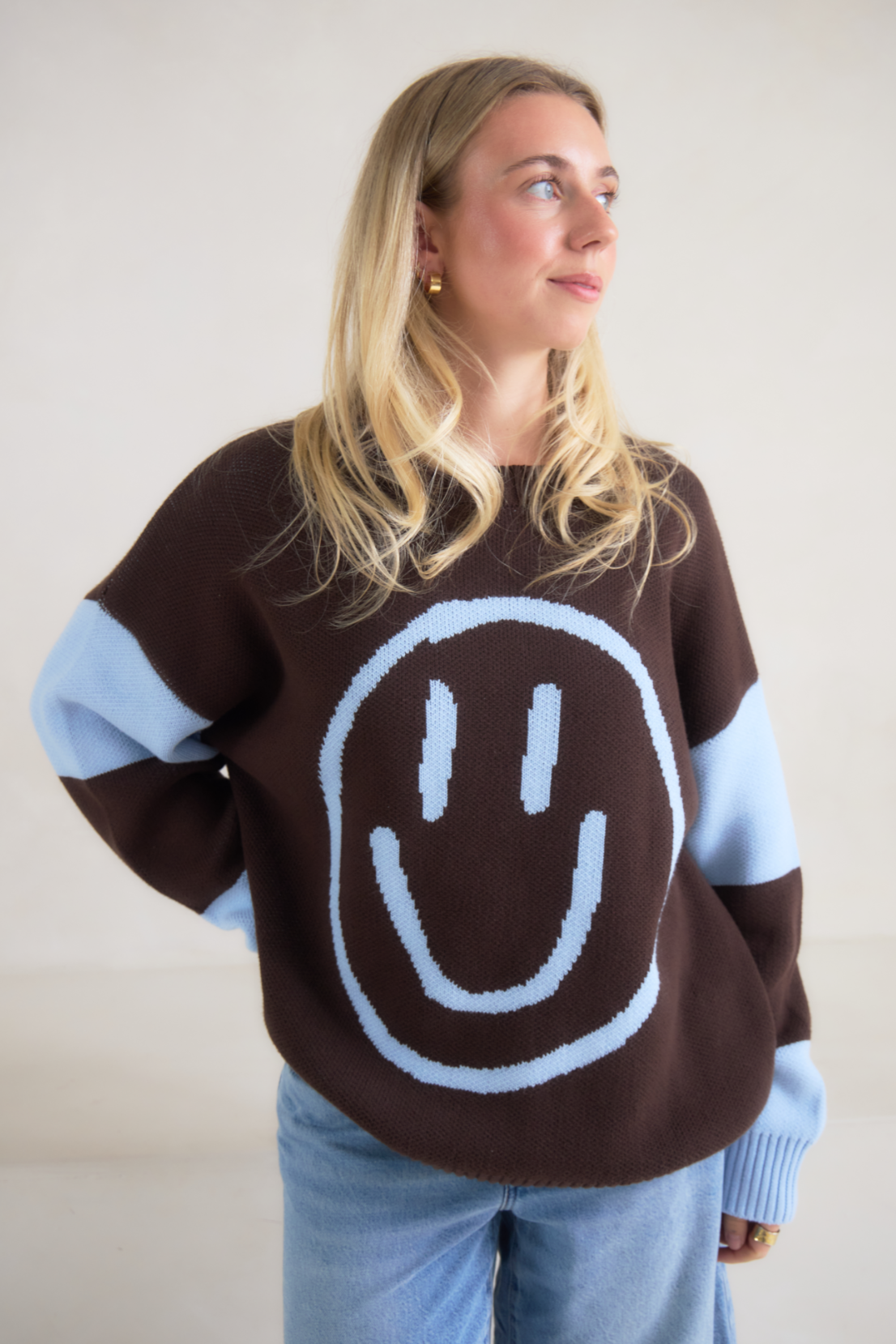 O&F Happy Face Jumper - Chocolate/Blue