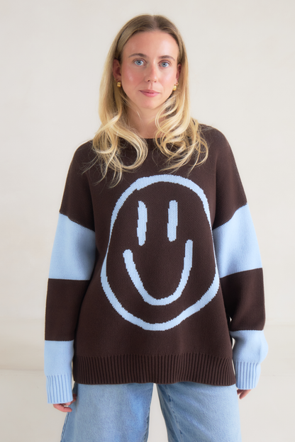 O&F Happy Face Jumper - Chocolate/Blue