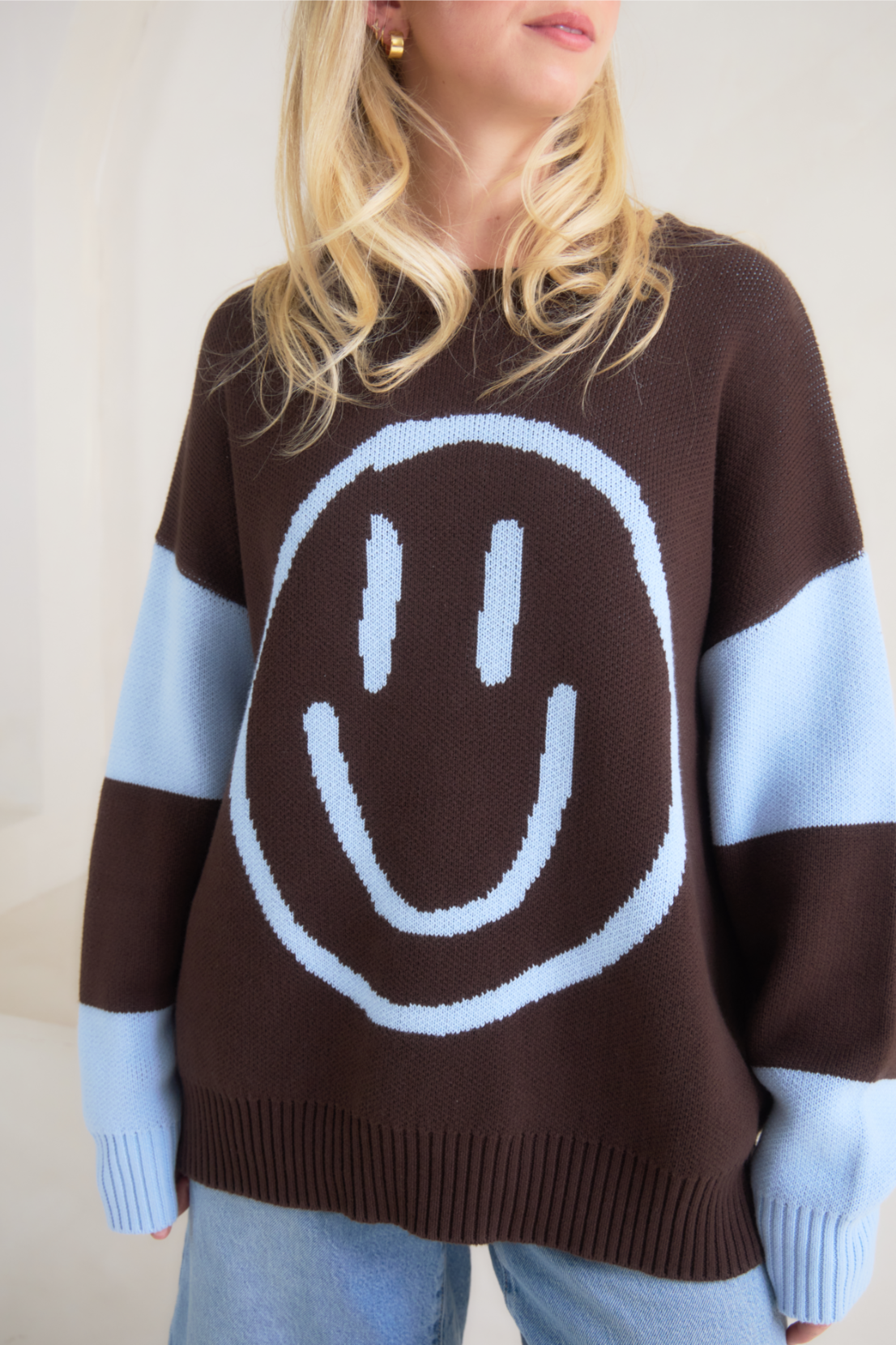 O&F Happy Face Jumper - Chocolate/Blue