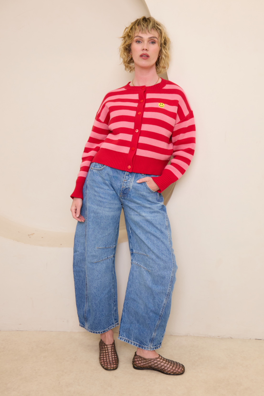 O&F Happy Face Stripe Cardigan - Pink