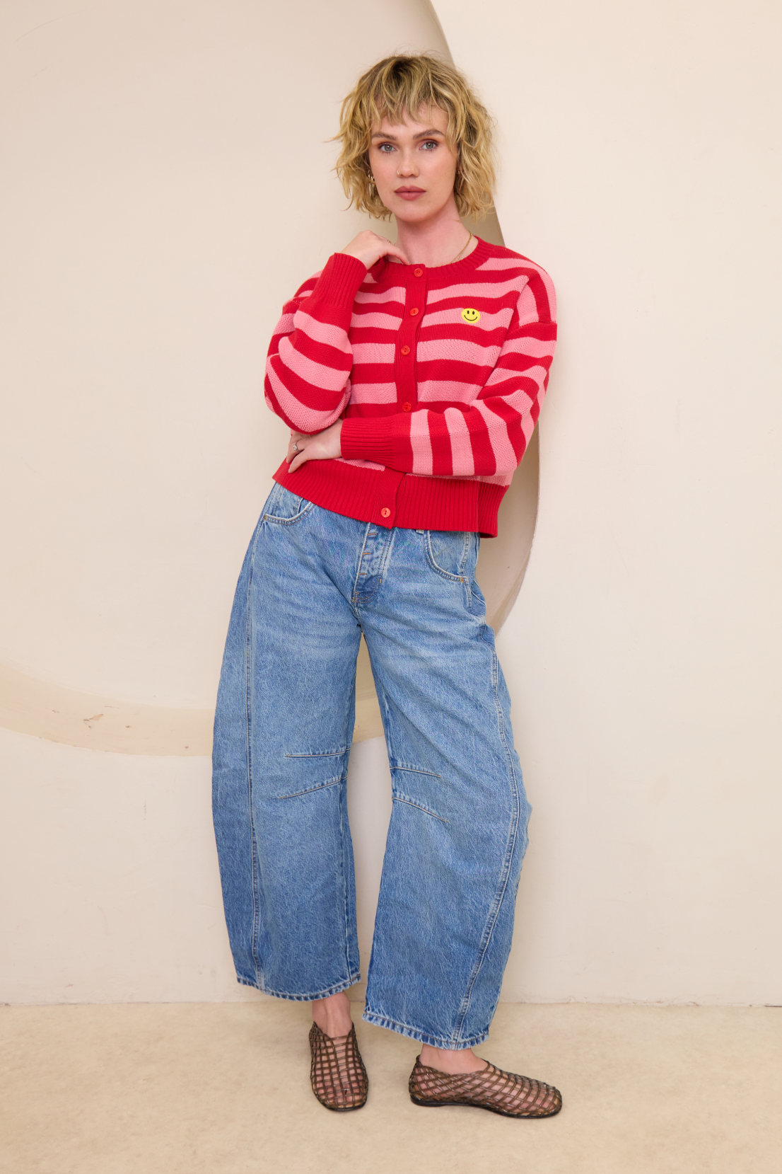 O&F Happy Face Stripe Cardigan - Pink