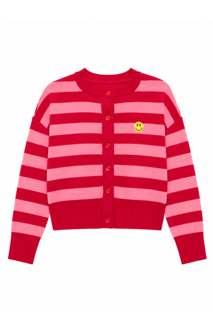 O&F Happy Face Stripe Cardigan - Pink