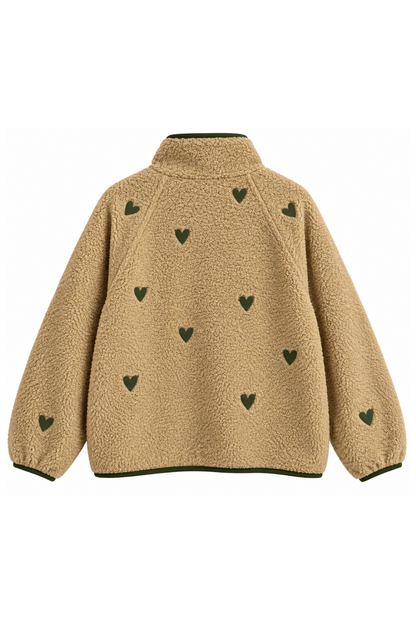 Sample: Heart Embroidered Fleece Jacket - Small - Oat and Green