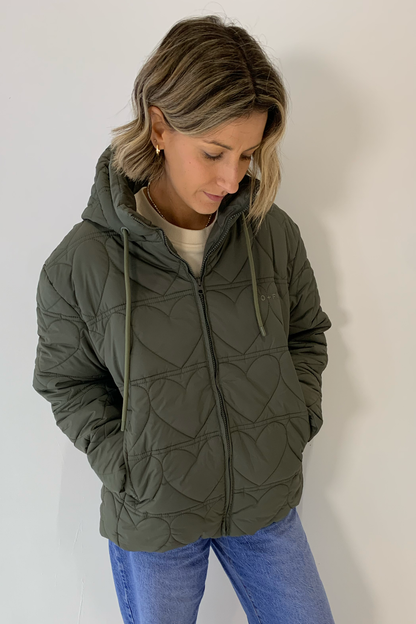 O&F Heart Quilted Coat - Khaki