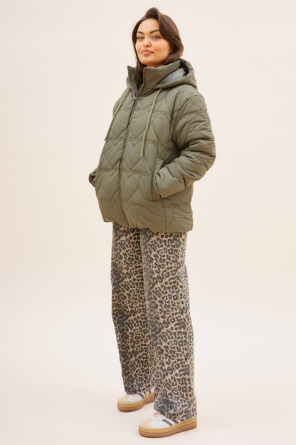 O&F Heart Quilted Coat - Khaki