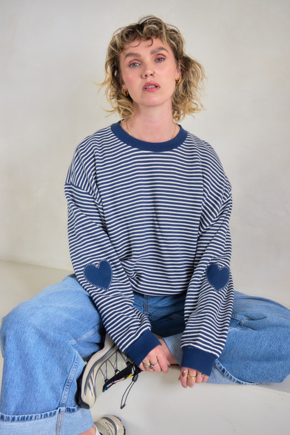 O&F Stripe Sweatshirt with Heart Sleeve