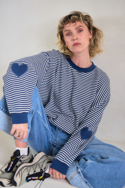 O&F Stripe Sweatshirt with Heart Sleeve